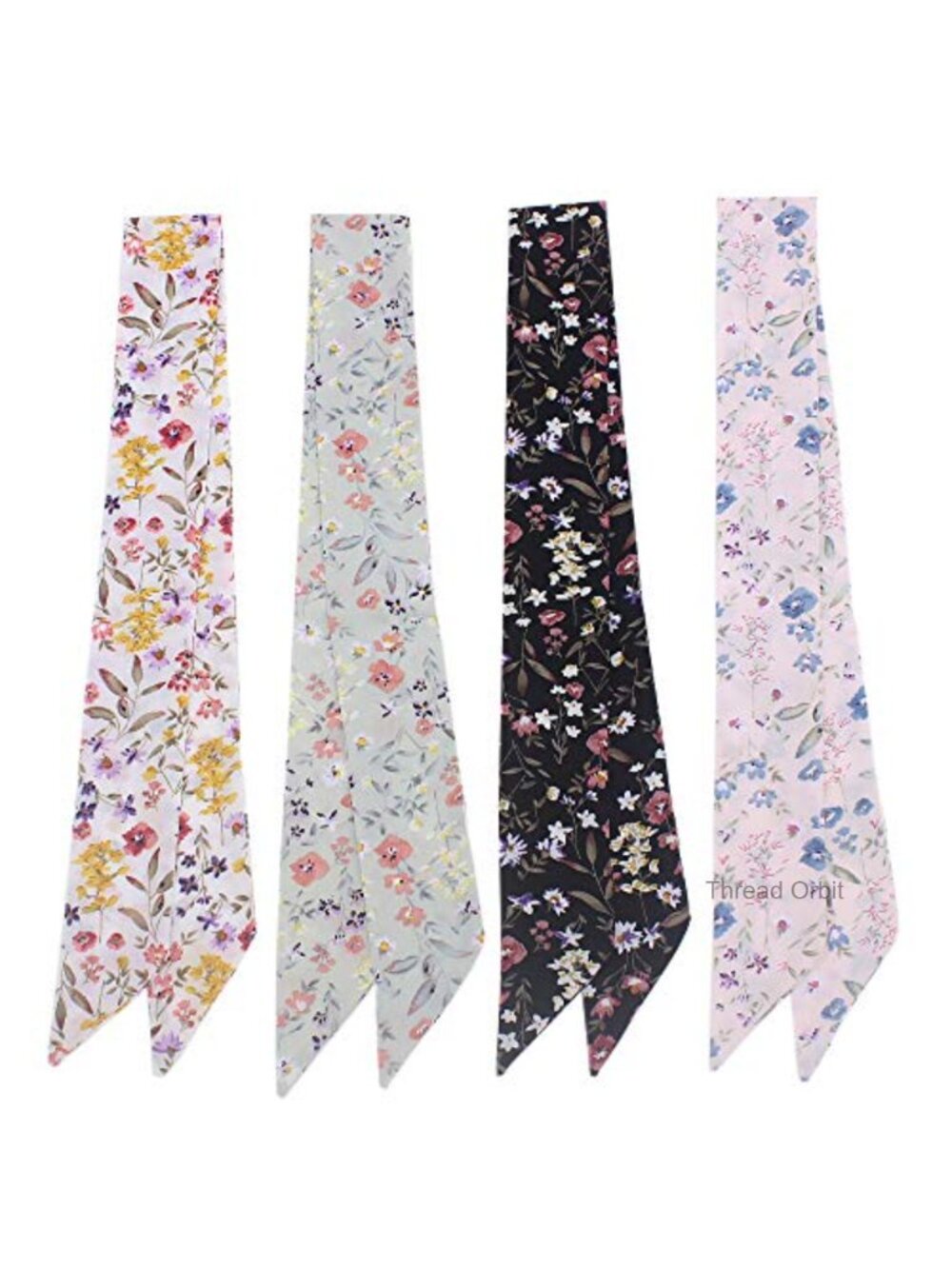 Set of 4 Imitated Silk Floral Scarf Set Bag Handle Wrap Hair Band Neck Scarves